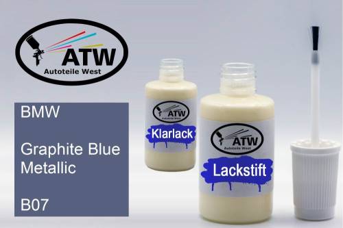 BMW, Graphite Blue Metallic, B07: 20ml Lackstift + 20ml Klarlack - Set, von ATW Autoteile West.